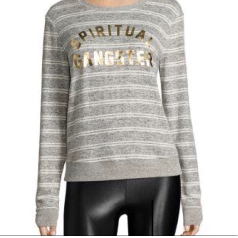 Sz. M “Spiritual Gangster” Gray and White Stripe Top
